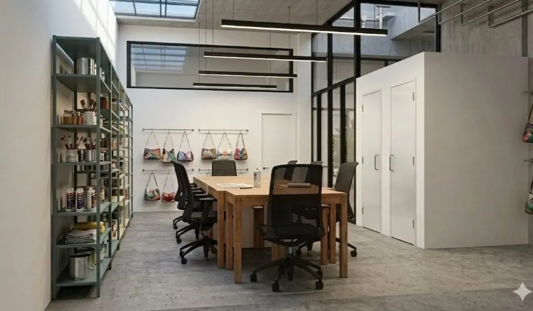 Área de trabalho com estante biblioteca e mesas compartilhadas
