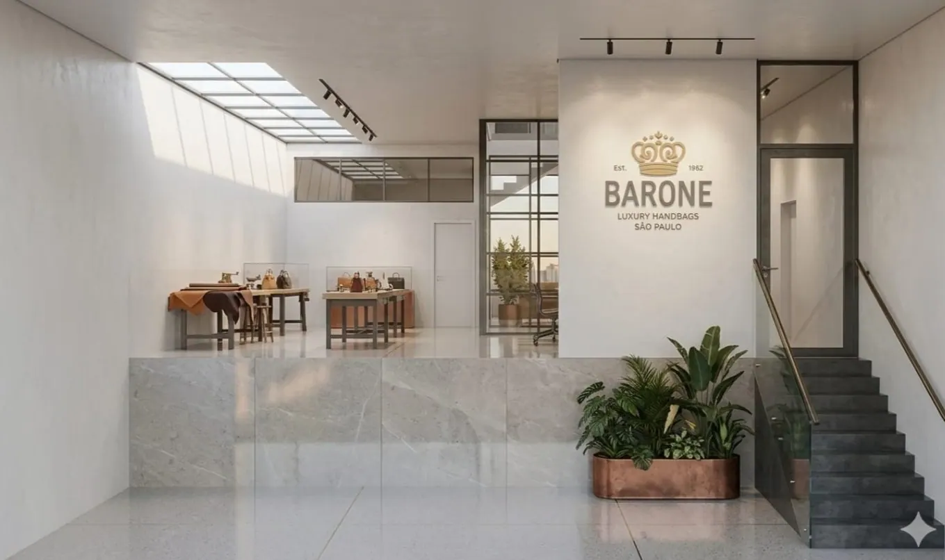 Hall de entrada comercial com escada e pé-direito duplo