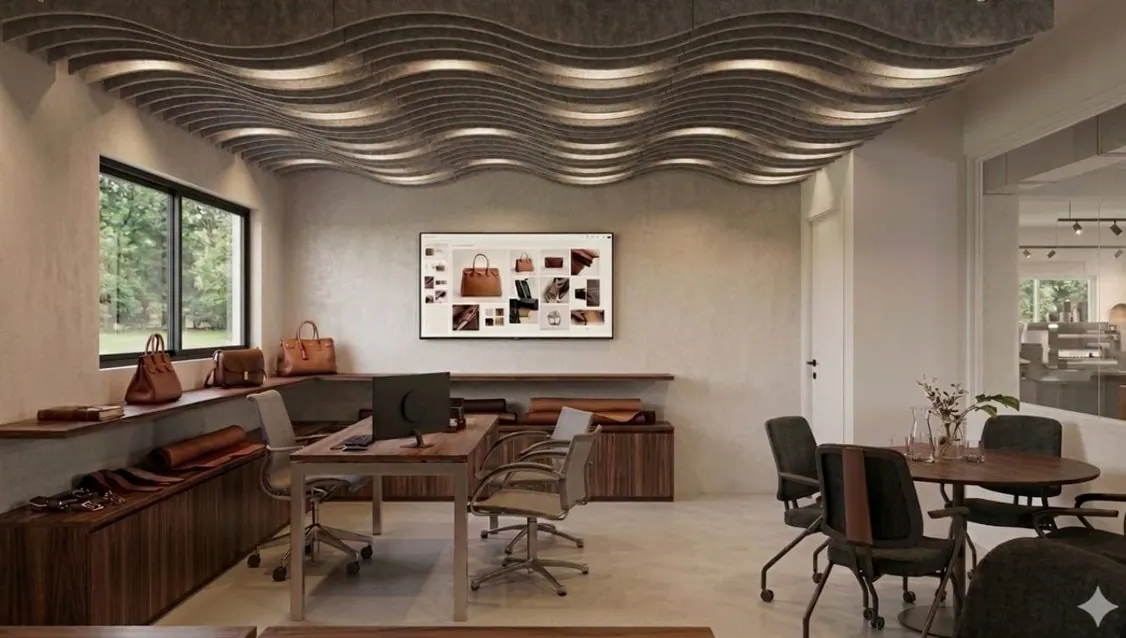 Lounge corporativo com forro ondulado e mobiliário de madeira