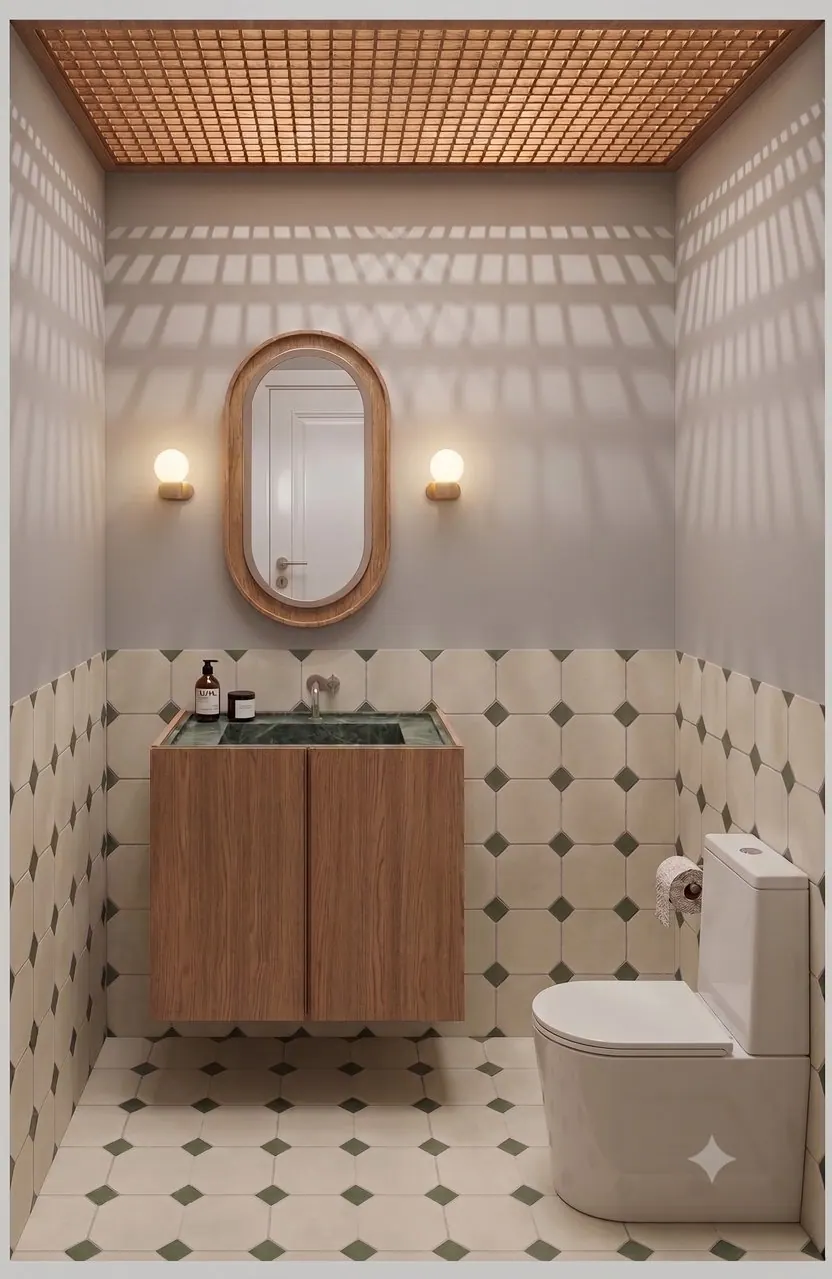 Lavabo com forro de madeira treliçado e espelho oval