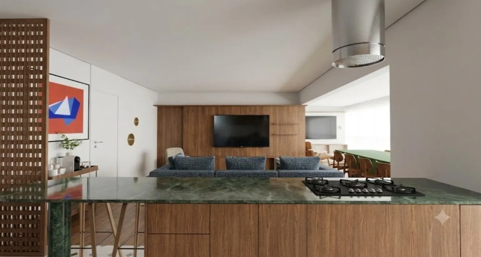 Sala de TV integrada à cozinha com bancada de pedra verde