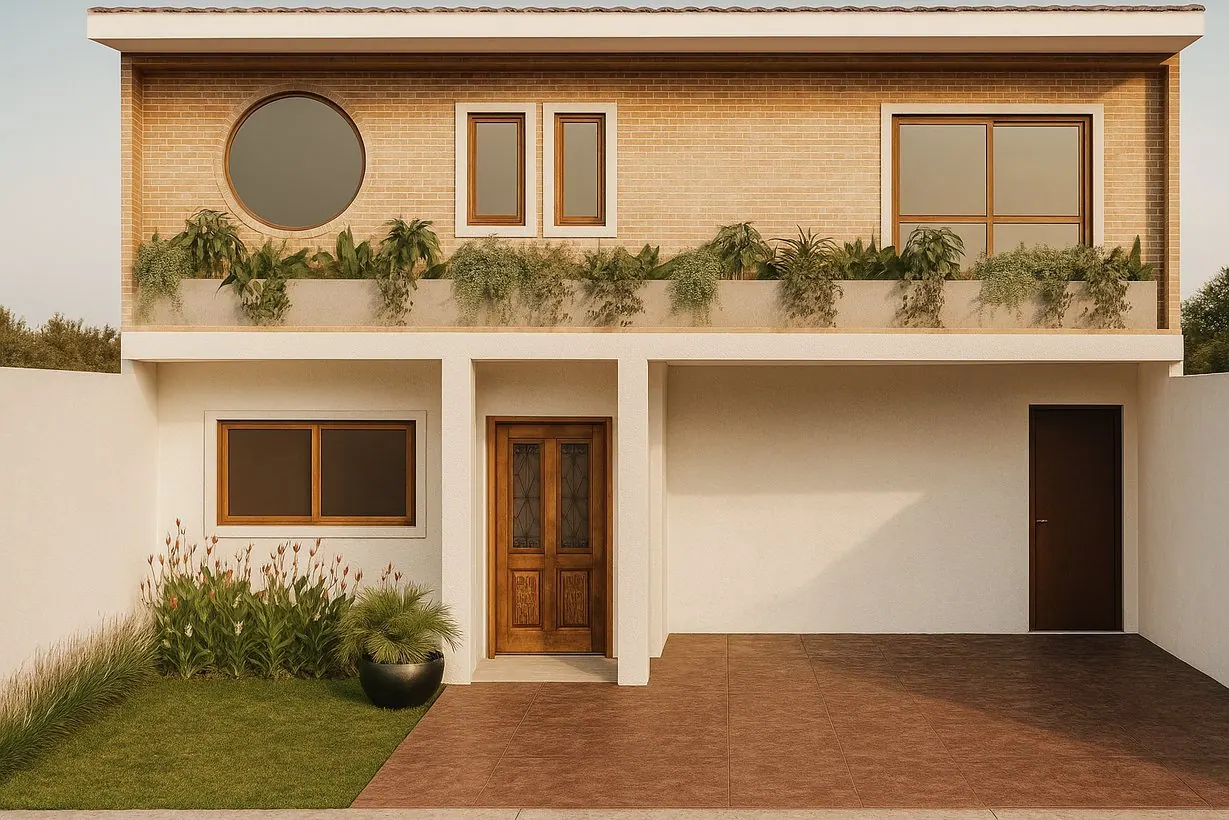 Fachada de casa reformada com janela redonda e jardineiras