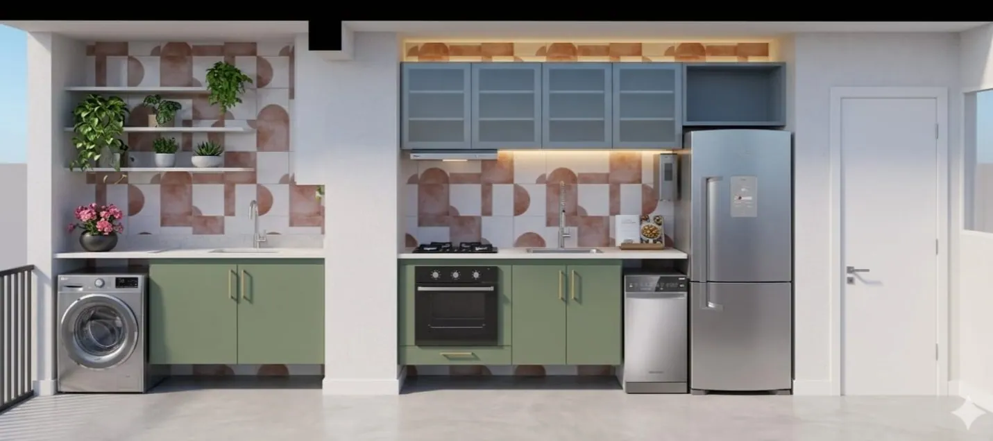 Cozinha com armários verdes e revestimento terracota