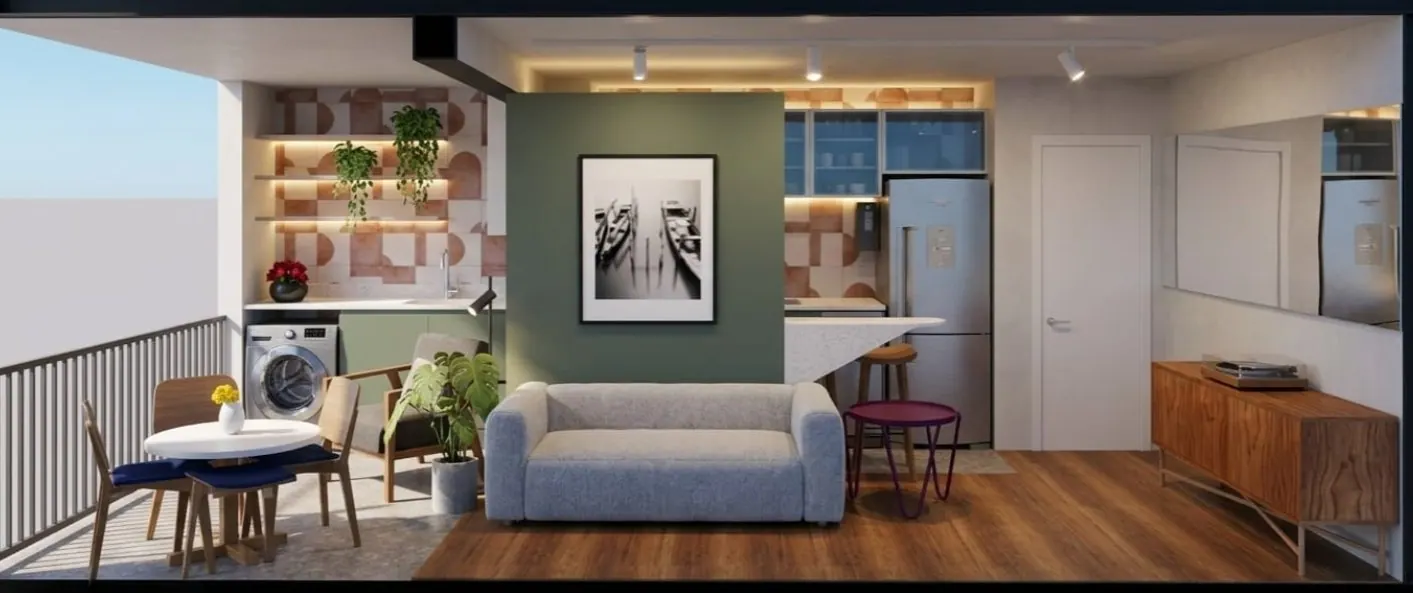 Living compacto com sofá claro e marcenaria em apartamento de 55 metros quadrados